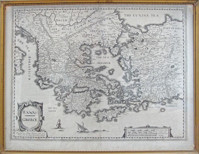 A map of Greece by John Speed c1626, copper engraving. Size:56X45cm framed. Verso text: English. Prov.