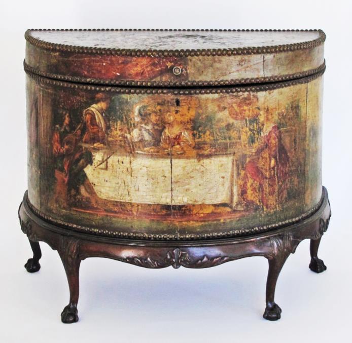 c19th century, probably Italian demi-lune small chest on cabriole legs lined with studded leather