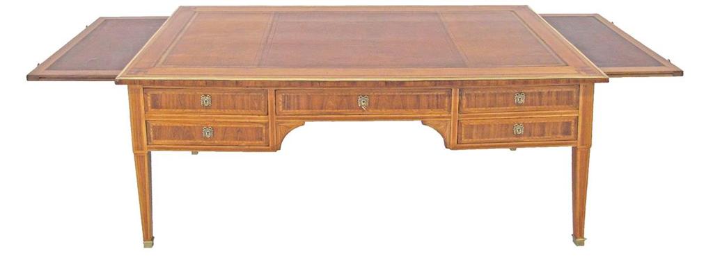 French Louis XVI style king wood, rosewood cross banded and brass mounted kneehole desk, the top