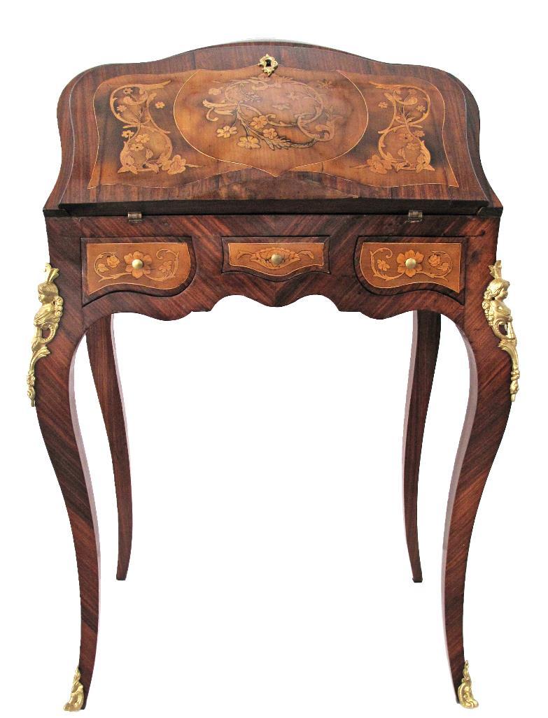 form, the shaped fall-front inlaid with flowers and scrolls, the inside continuing the floral theme, the shaped sides inlaid with stylised