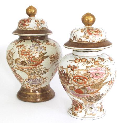 A collection of two Chinese porcelain vases on wood stands H31cm, three jars with covers and a