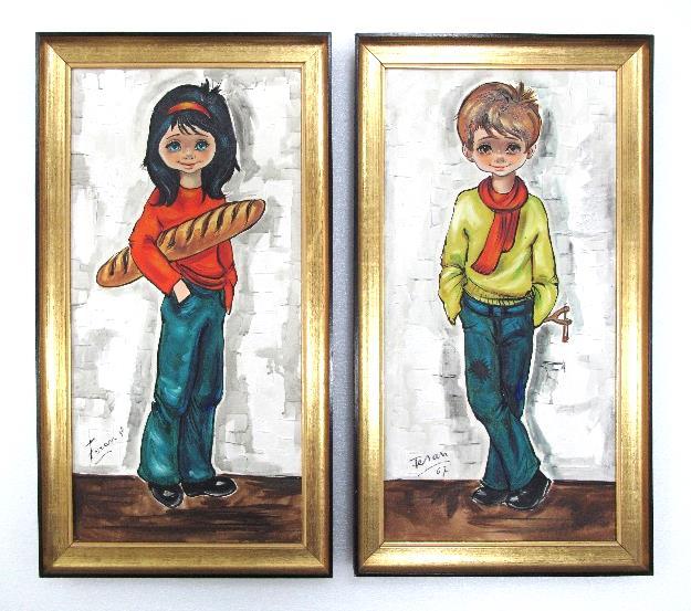 Vintage Margaret Keanes style 'Big Eyes' pair of painting from the 60s.