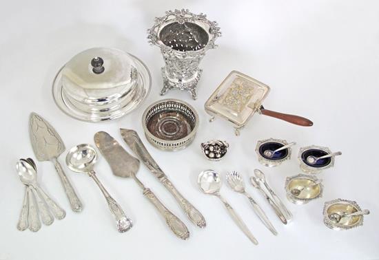 A collection of silver dishes, bowls and a candlestick. Weight: 570g (13) Prov.