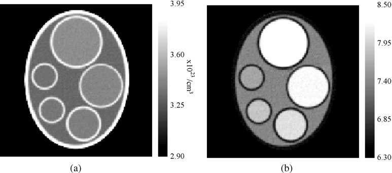 Figures 5.5: CT image of the head phantom based on (a) the electron density and (b) the effective atomic number [28].