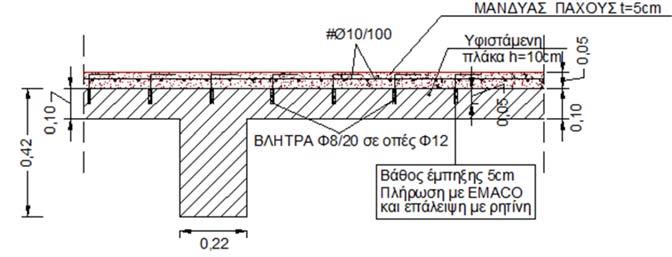 Επίσης πρέπει να επισημανθεί ότι στη στάθμη οροφής 3 ου ορόφου καθαιρείται και ανακατασκευάζεται τμήμα της πλάκας και αναβαθμίζεται στο σύνολό της με χρήση μανδύα σκυροδέματος 5[cm] από την άνω