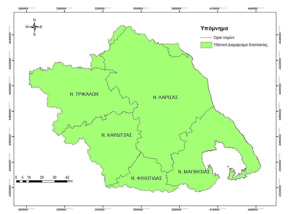 2.2. Το Υδατικό Διαμέρισμα Θεσσαλίας 2.2.1. Γεωγραφικά στοιχεία Το Υδατικό Διαμέρισμα της Θεσσαλίας όπως καθορίστηκε με το Ν.1739/1987 (ΦΕΚ 201/Α/20-11-1987), με έκταση 12.