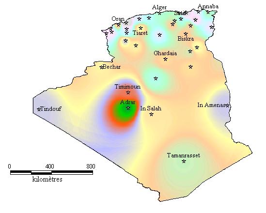 Η µέγιστη ταχύτητα ανέµου των 6m/s, παρατηρείται στην περιοχή της Adrar.