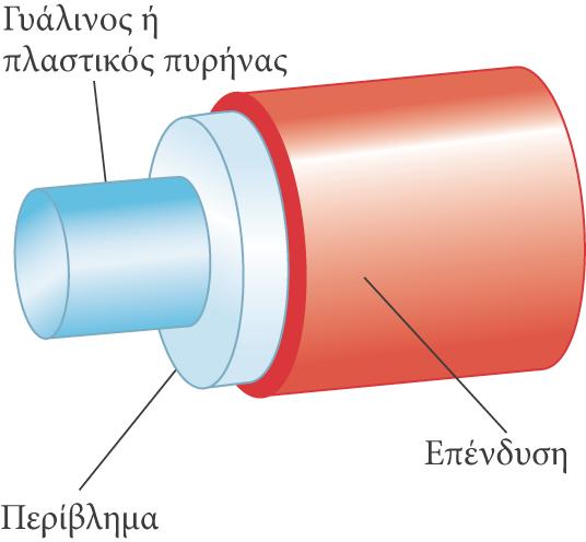 Κατασκευή μιας οπτικής ίνας Ο διαφανής πυρήνας περιβάλλεται από ένα περίβλημα. Το περίβλημα έχει μικρότερο δείκτη διάθλασης n από τον πυρήνα.