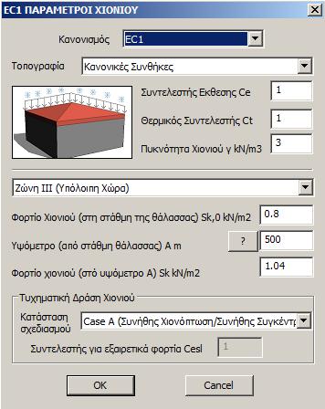 Χιονιού : Ορίστε τις παραμέτρους του χιονιού, σύμφωνα με τον Ευρωκώδικα 1 και το Ελληνικό προσάρτημα (ΕC1), συμπληρώνοντας το πλαίσιο διαλόγου: Επιλέξτε από τις λίστες: τη Νομοθεσία