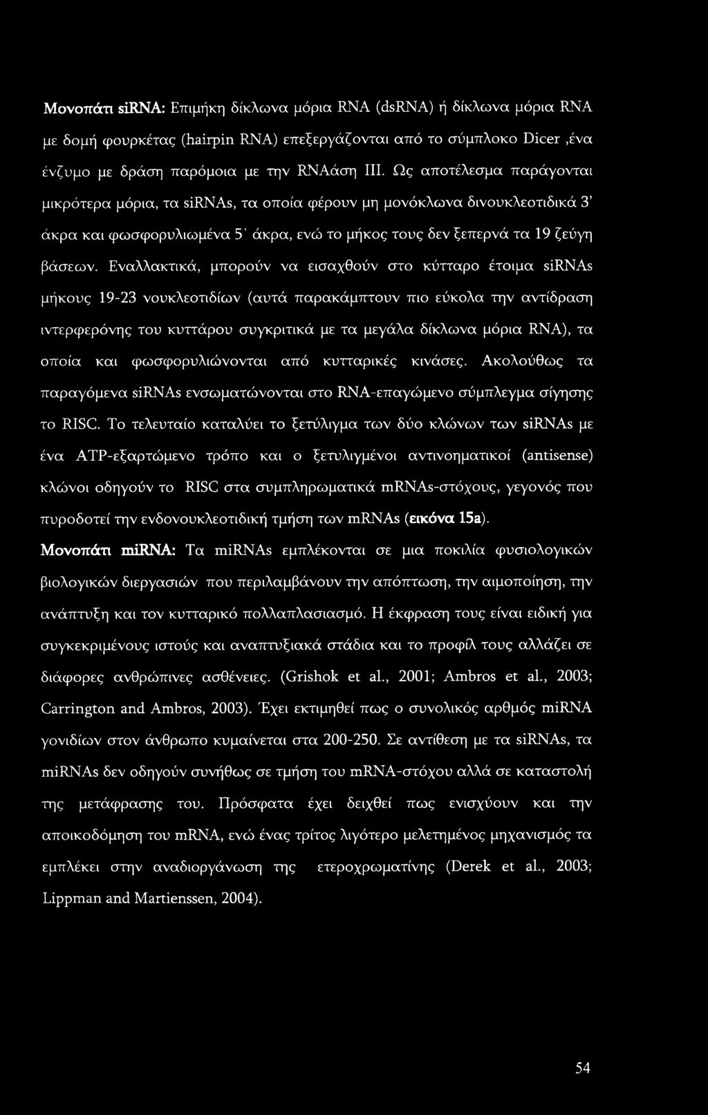 Μονοπάτι sirna: Επιμήκη δίκλωνα μόρια RNA (dsrna) ή δίκλωνα μόρια RNA με δομή φουρκέτας (hairpin RNA) επεξεργάζονται από το σύμπλοκο Dicer,ένα ένζυμο με δράση παρόμοια με την ΚΝΑάση III.
