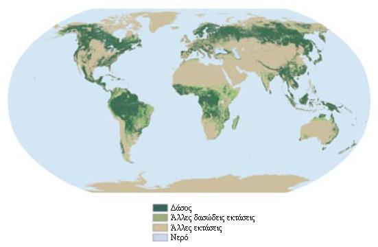 Εικόνα 1 Τα δάση του πλανήτη Πηγή: FAO 2006. Πίνακας 1 Κατανομή των δασών ανά ήπειρο Περιφέρεια Δασική έκταση % της παγκόσμιας (10.000 στρ.) δασικής έκτασης Ανατολική και Νότια Αφρική 226.