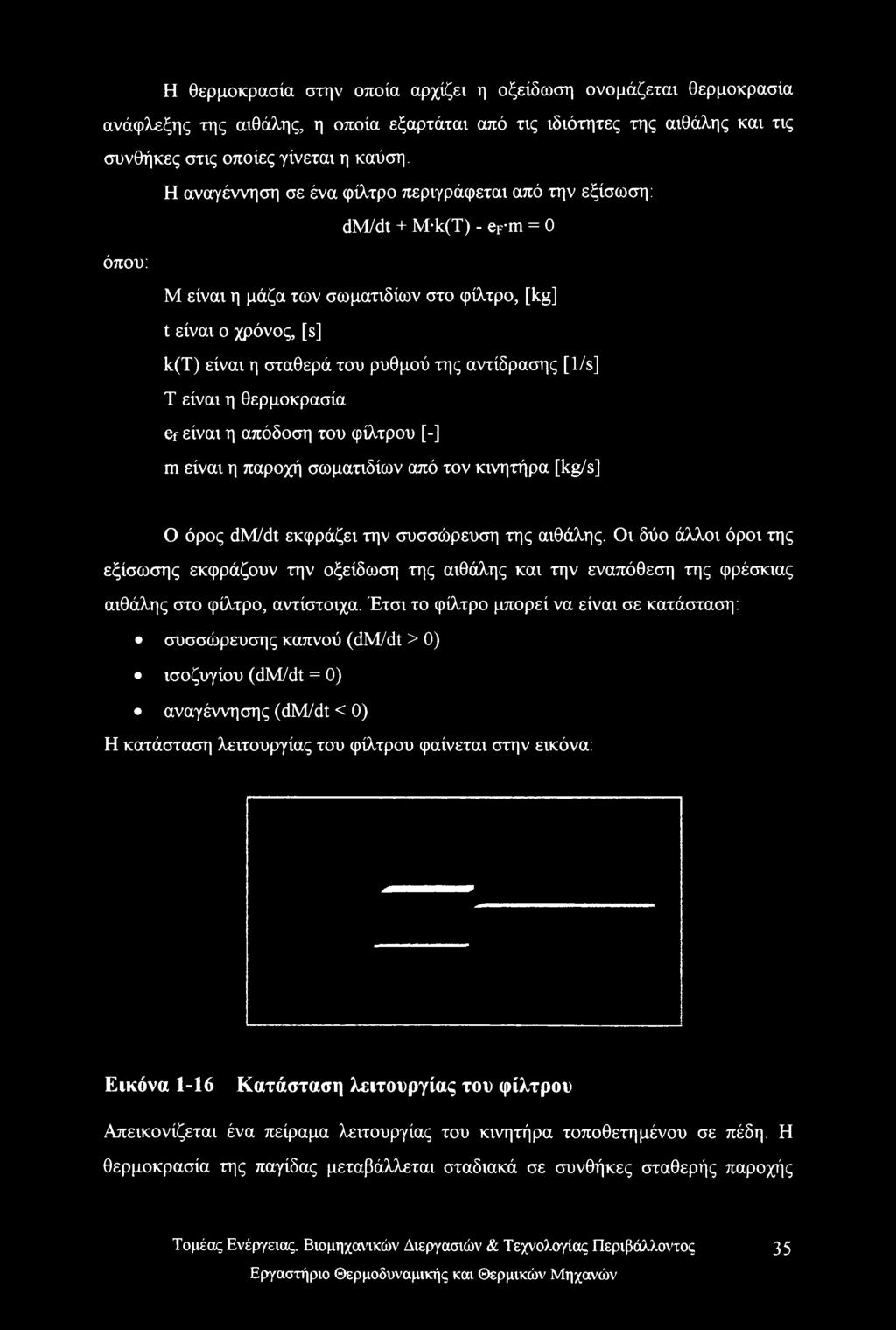 αντίδρασης [1/s] Τ είναι η θερμοκρασία ef είναι η απόδοση του φίλτρου [-] m είναι η παροχή σωματιδίων από τον κινητήρα [kg/s] Ο όρος dm/dt εκφράζει την συσσώρευση της αιθάλης.