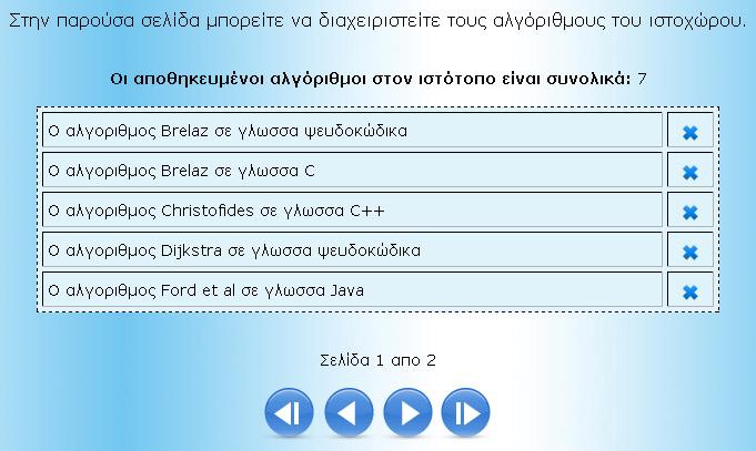 Στην συνέχεια και αφού ο διαχειριστής κάνει όλες τις απαραίτητες διορθώσεις στα δύο πεδία κειμένου, πατάει το κουμπί Καταχώρησης κι ένα μήνυμα ενημέρωσης του εμφανίζεται: Διαγραφή Αλγορίθμων Ο