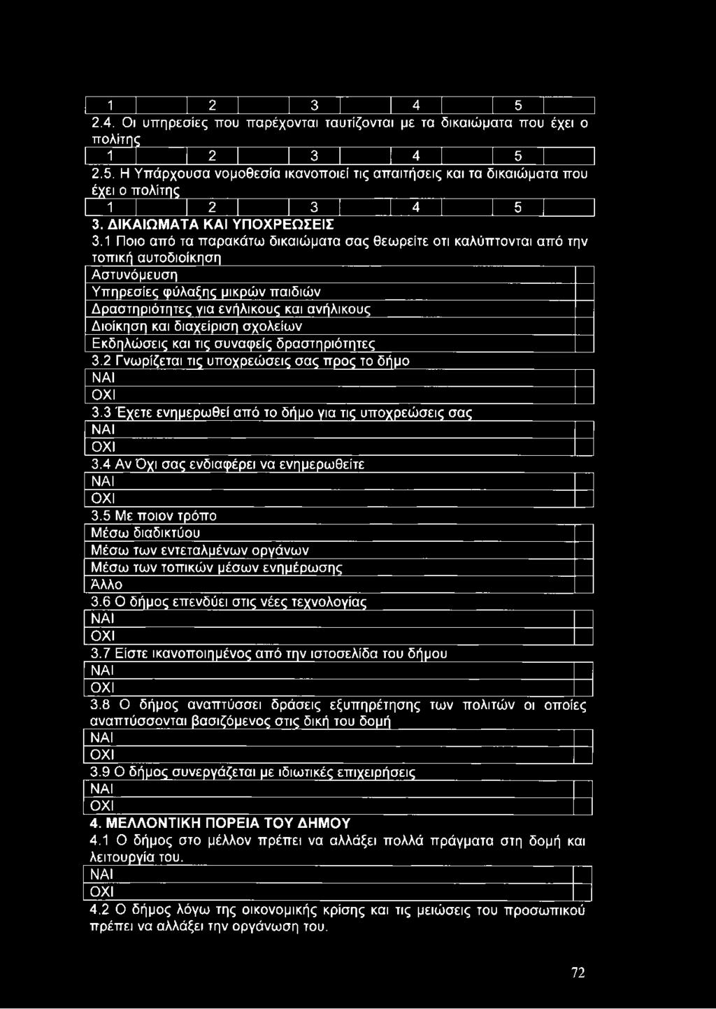 1 Ποιο από τα παρακάτω δικαιώματα σας θεωρείτε οτι καλύπτονται από την τοπική αυτοδιοίκηση Αστυνόμευση Υπηρεσίες φύλαξης μικρών παιδιών Δραστηριότητες για ενήλικους και ανήλικους Διοίκηση και