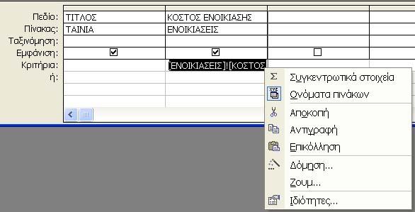 εξί κλίκ στο πεδίο ΚΟΣΤΟΣ ΕΝΟΙΚΙΑΣΗΣ και από το πτυσσόµενο µενού