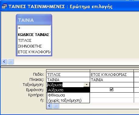 Ταξινόµηση Εγγραφών ηµιουργήστε ένα ερώτηµα που να περιέχει όλες τις ταινίες του videoclub ταξινοµηµένες κατά αύξουσα σειρά του ονόµατός τους Ακολουθώντας τη διαδικασία δηµιουργίας του προηγούµενου