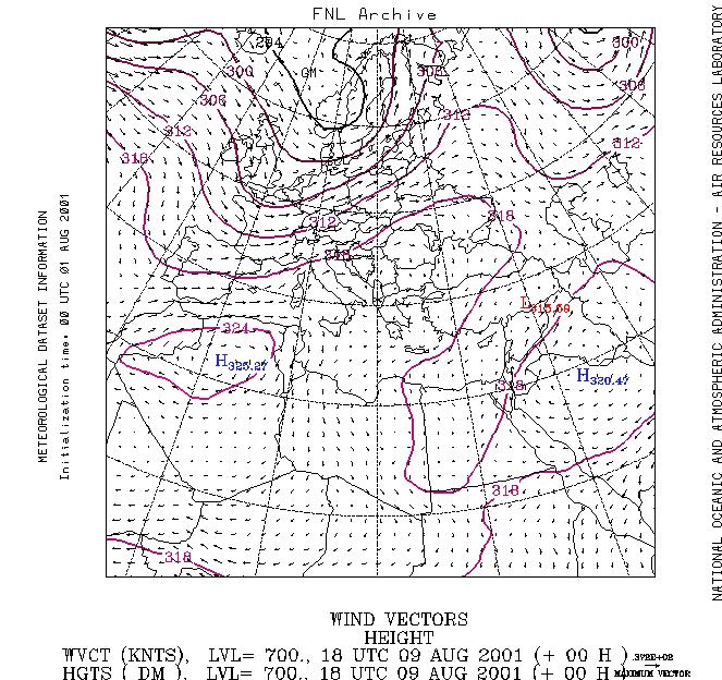 122 στου του 2001. Για την 09 Αυγούστου 2001 στις 18:00 UTC, τα πεδία ανέμων στα 700hPa φαίνονται στο Σχήμα 4-6 που ακολουθεί ( http://www.arl.noaa.gov/ready/disclaim.html).