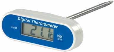 EN This waterproof thermometer measures temperature over the range of -49.9 to 199.9 C with a 0.