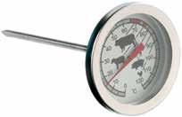 EN The meat thermometer incorporates a Ø45 mm dial with a Ø4 x 105 mm stainless steel pointed probe. The unit indicates temperature over the range of 0 to 120 C in 1 C divisions.