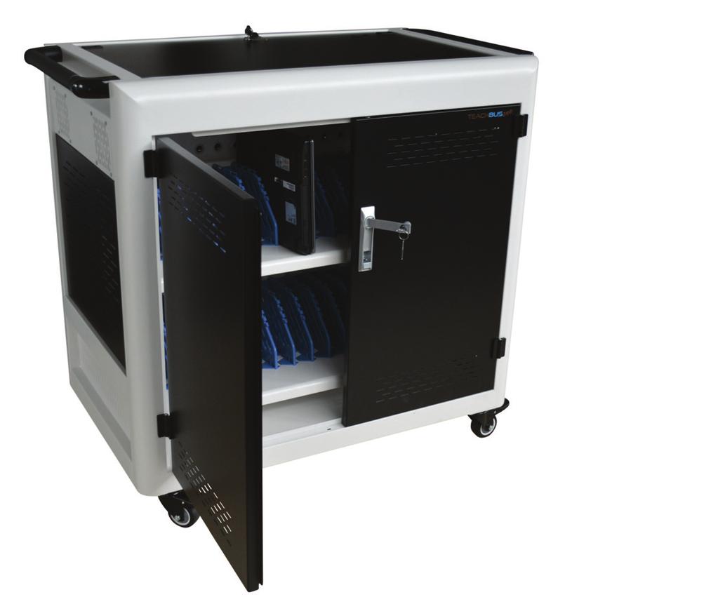 The trolley includes a charging system and two shelves with vertical storage spaces. Moveable and lockable. Brake functionality allows locked placement. Τροχήλατο ερμάριο Trolley 14038.