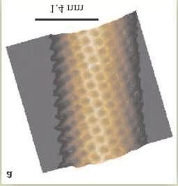 160 19. Nanoelektronske naprave Sl. 5. Slika nanotube dobijena pomoću STM-a. Ova nanotuba je hiralna, jer se centri susednih šestougaonika ugljenikovih atoma nalaze na zavojnoj liniji.