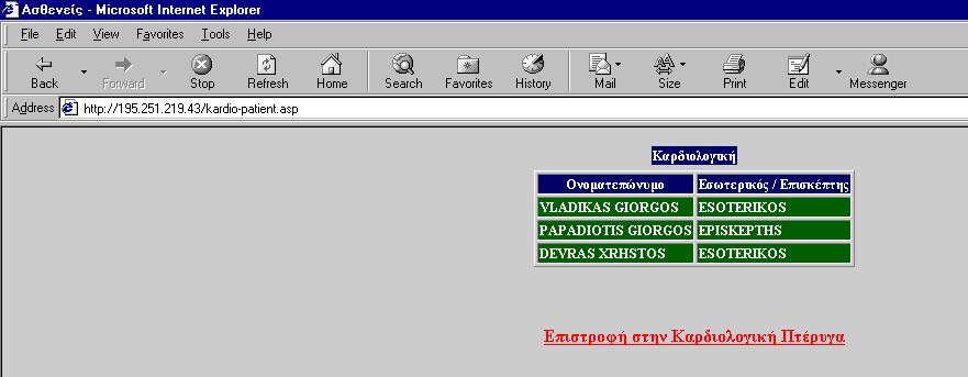 Εικόνα 35. Ασθενείς καρδιολογικής πτέρυγας. KARDIO-PATIENT.ASP <%@ Language=VBScript %> <HTML> <HEAD> <META name=vi60_defaultclientscript content=vbscript> <% sub test strxml="/xml/oracle2.