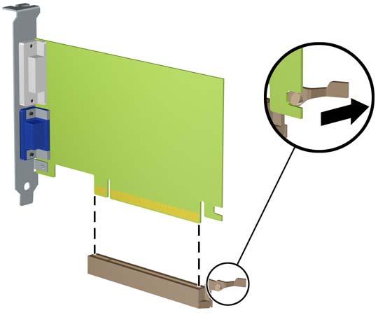 Εάν θέλετε να αφαιρέσετε μια κάρτα PCI Express x16, τραβήξτε το βραχίονα συγκράτησης που βρίσκεται στο πίσω μέρος της υποδοχής επέκτασης μακριά από την κάρτα και κουνήστε την προσεκτικά μπρος-πίσω