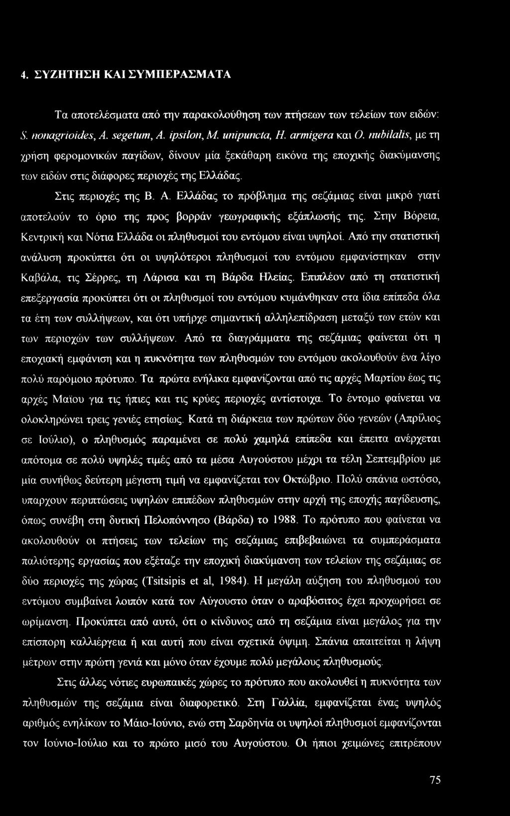 4. ΣΥΖΗΤΗΣΗ ΚΑΙ ΣΥΜΠΕΡΑΣΜΑΤΑ Τα αποτελέσματα από την παρακολούθηση των πτήσεων των τελείων των ειδών: S. nonagrioides, A. segetum, A. ipsilon, Μ. unipuncta, Η. armigera και Ο.