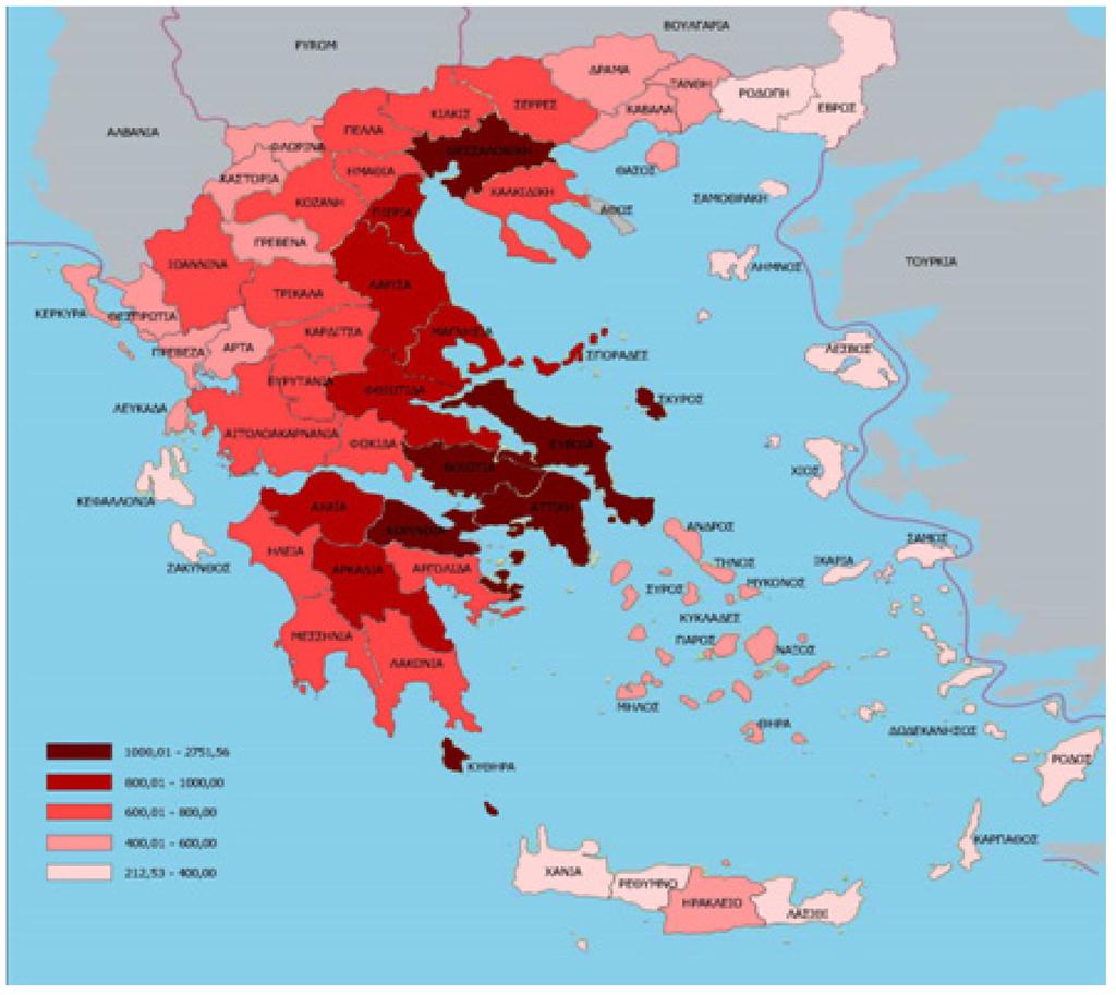 Συνολικό πληθυσμιακό δυναμικό νομών της Ελλάδας Από το Χάρτη παρατηρούμε ότι οι νομοί που εμφανίζουν υψηλές τιμές στο συνολικό