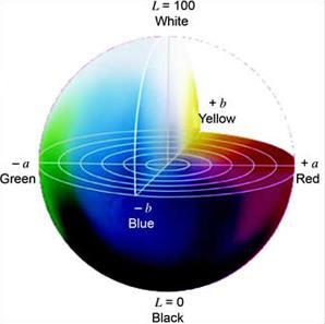 Σχήμα 2.5: Ο χρωματικός χώρος CIELAB ή L*a*b* [82] Μία ακόμη σημαντική παράμετρος της χρωματομετρίας που χρειάζεται στον υπολογισμό των τιμών X, Y, Z είναι ο συντελεστής φασματικής ανάκλασης R(λ).