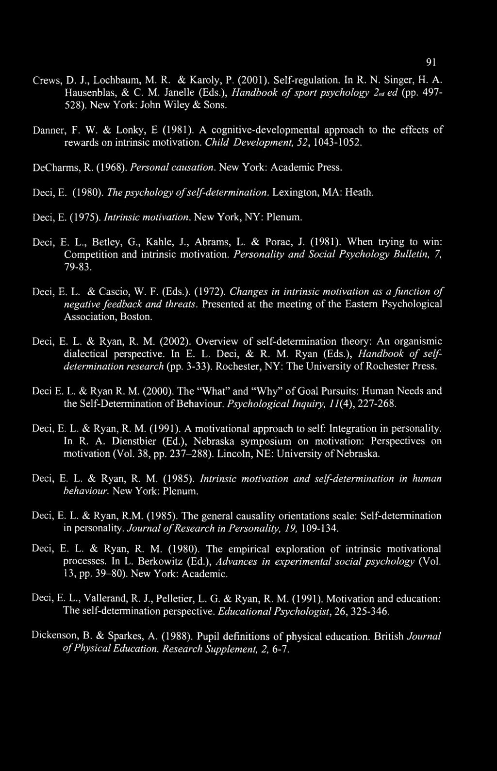 Crews, D. J., Lochbaum, M. R. & Karoly, P. (2001). Self-regulation. In R. N. Singer, H. A. Hausenblas, & C. M. Janelle (Eds.), Handbook of sport psychology 2nd ed (pp. 497-528).