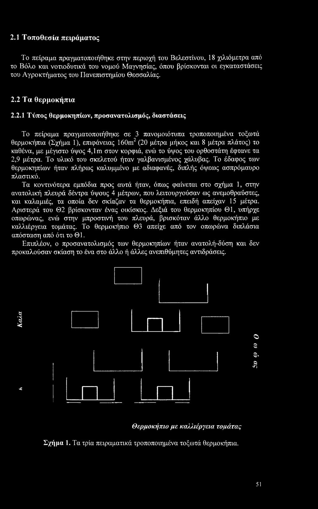 2 Τα θερμοκήπια 2.2.1 Τύπος θερμοκηπίων, προσανατολισμός, διαστάσεις Το πείραμα πραγματοποιήθηκε σε 3 πανομοιότυπα τροποποιημένα τοξωτά θερμοκήπια (Σχήμα 1), επιφάνειας 160m2 (20 μέτρα μήκος και 8