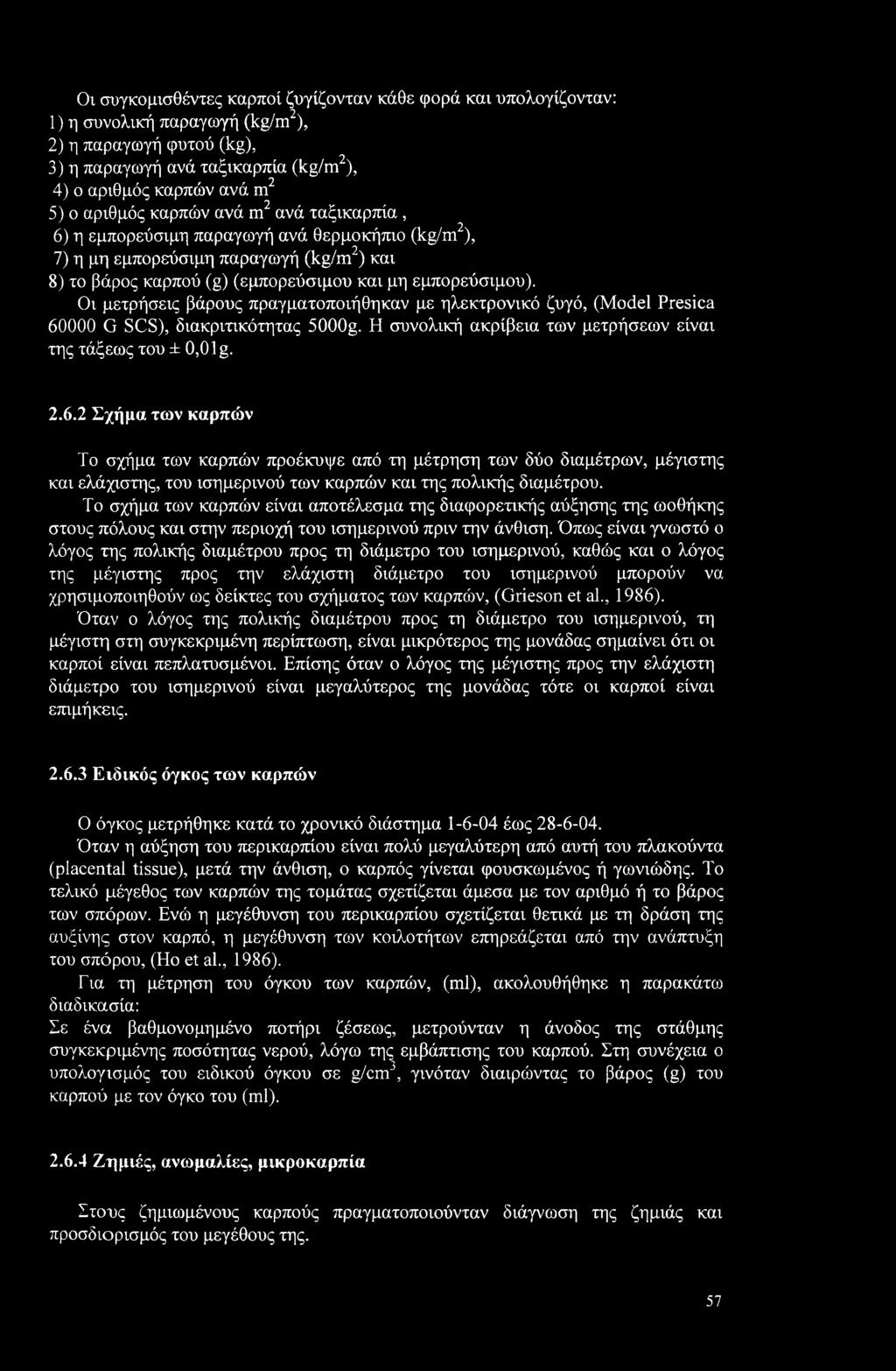 Οι μετρήσεις βάρους πραγματοποιήθηκαν με ηλεκτρονικό ζυγό, (Model resica 60