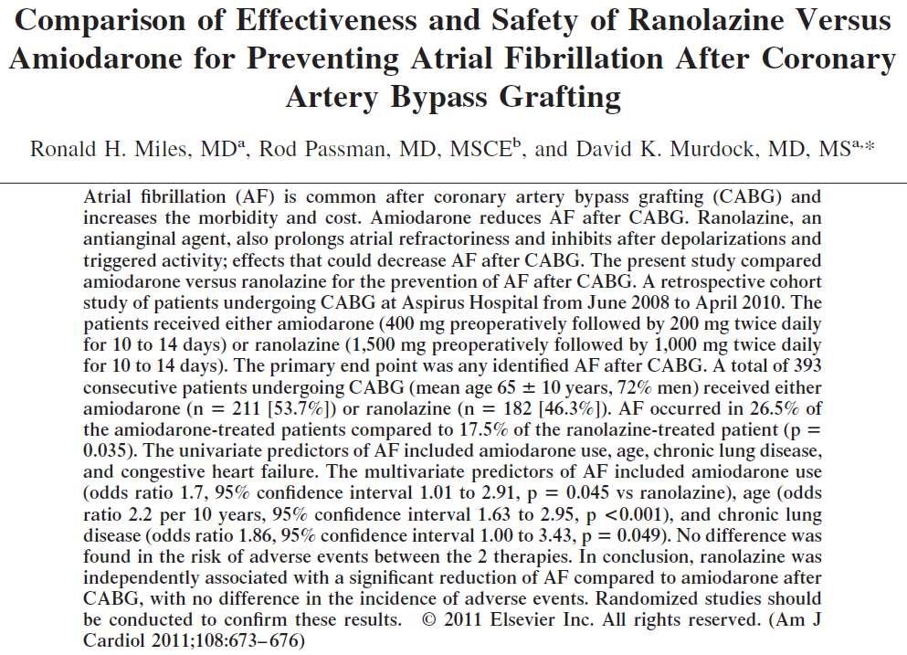 AF in 26.5% pts. with amiodarone vs. 17.5% with ranolazine (p=0.035).