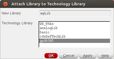 Η νέα βιβλιοθήκη σχεδίασης πρέπει να συνδεθεί με τη βιβλιοθήκη της τεχνολογίας που θα χρησιμοποιηθεί, την gpdk 45nm σε αυτή την περίπτωση.