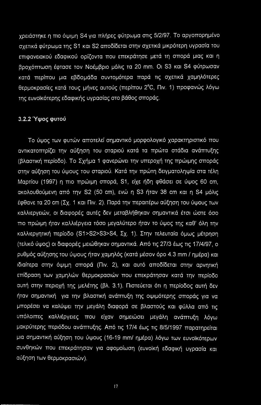 τα 20 mm. Οι S3 και S4 φύτρωσαν κατά περίπου μια εβδομάδα συντομότερα παρά τις σχετικά χαμηλότερες θερμοκρασίες κατά τους μήνες αυτούς (περίπου 2 C, Πιν.