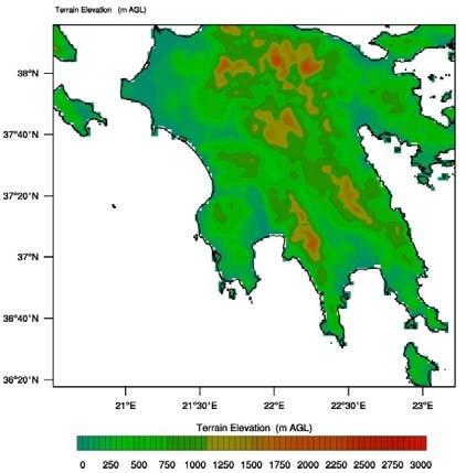 ενδότερο εσωτερικό πλέγµα 3, µε την τοπογραφία της περιοχής, όπως υπολογίζεται από το µοντέλο WRF.