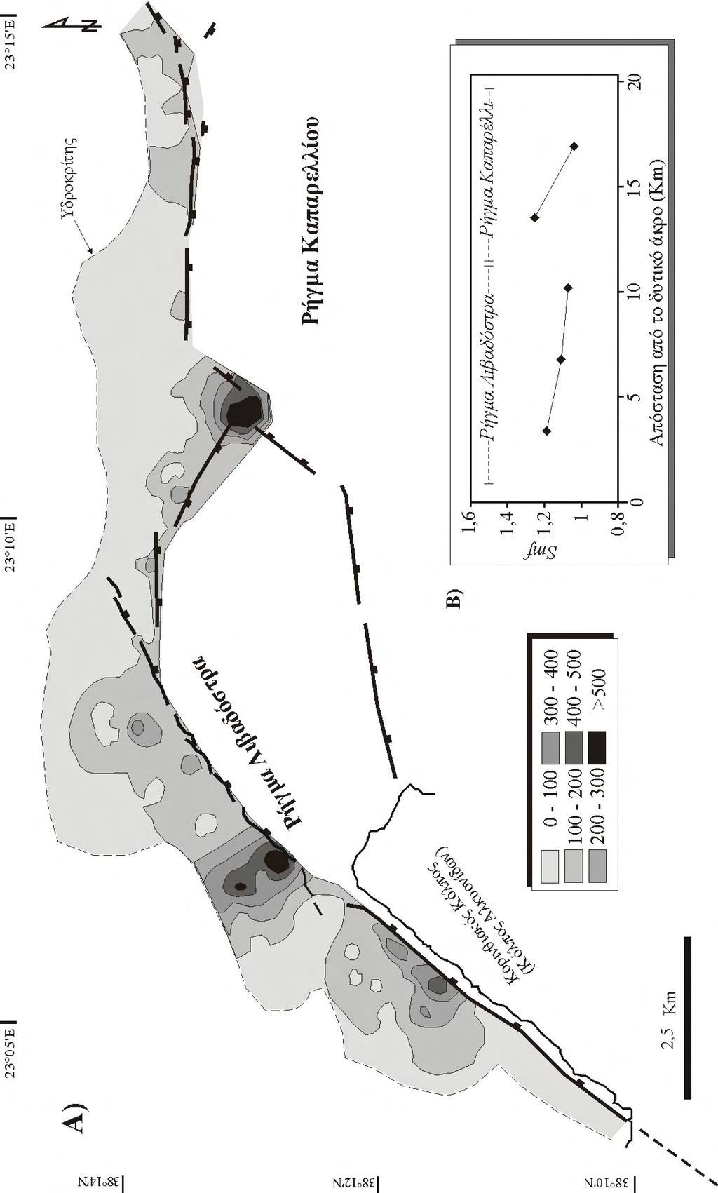 Τεκτονική γεωμορφολογία ΚΕΦAΛΑΙΟ 5 236 Σχήμα 5.23: A) Χάρτης κατανομής των τιμών του δείκτη Μήκους-Κλίσης Ρέματος (SL) στη ρηξιγενή ζώνη Λιβαδόστρα-καπαρέλλι.