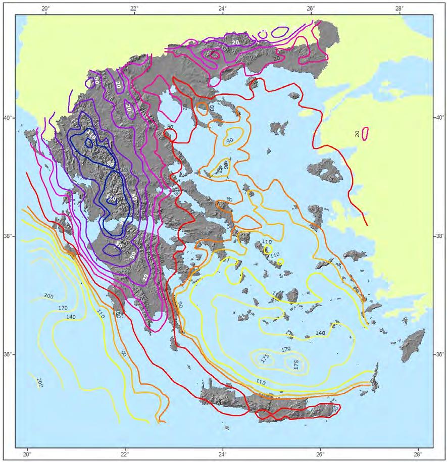 Σεισμοτεκτονικά Στοιχεία του Ελληνικού χώρου ΚΕΦΑΛΑΙΟ 1 Σχήμα 1.4: Χάρτης των βαρυτικών ανωμαλιών Bouquer στον Ελληνικό χώρο (τροποποιημένο από Makris, 1977). Figure 1.