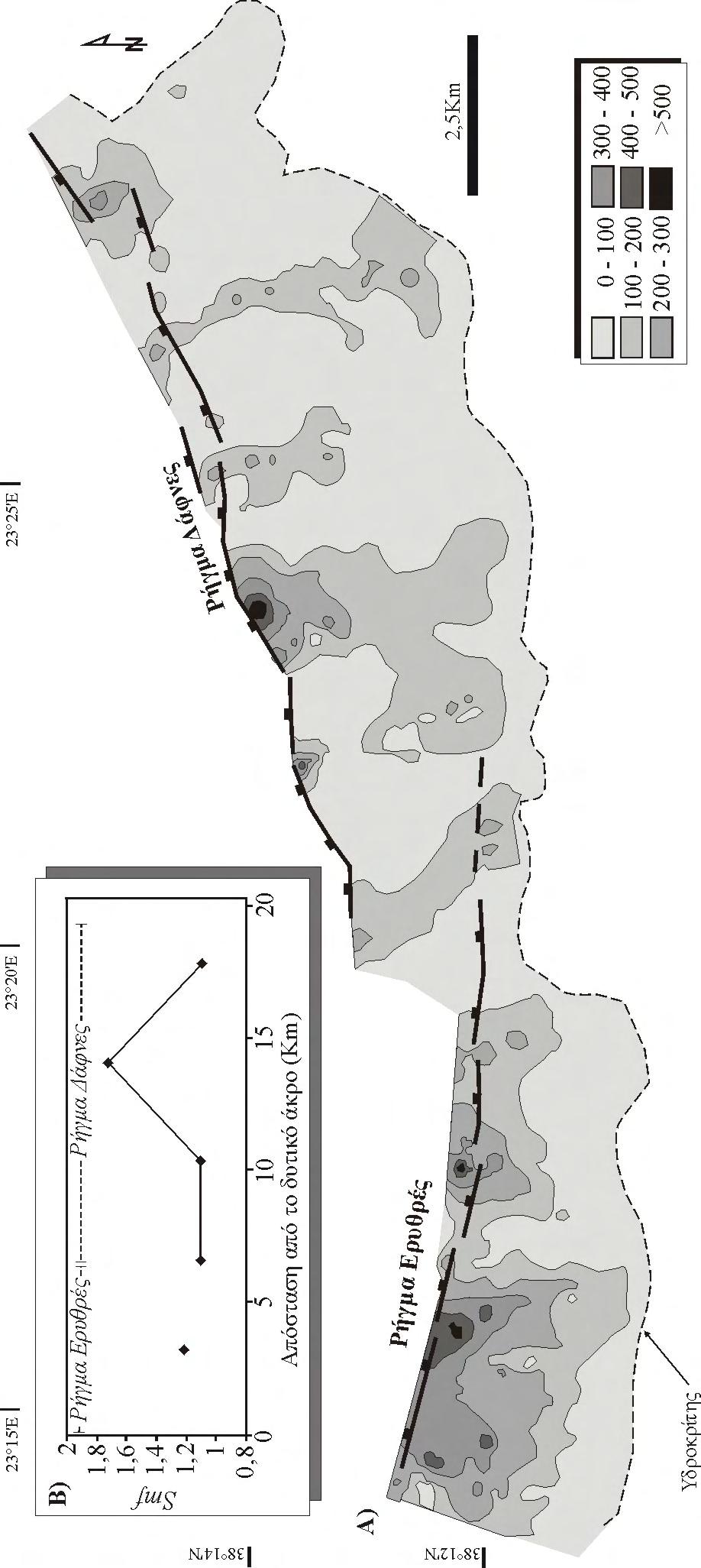 Τεκτονική γεωμορφολογία ΚΕΦAΛΑΙΟ 5 Σχήμα 5.29: A) Χάρτης κατανομής των τιμών του δείκτη Μήκους-Κλίσης Ρέματος (SL) στη ρηξιγενή ζώνη Ερυθρές-Δάφνες.