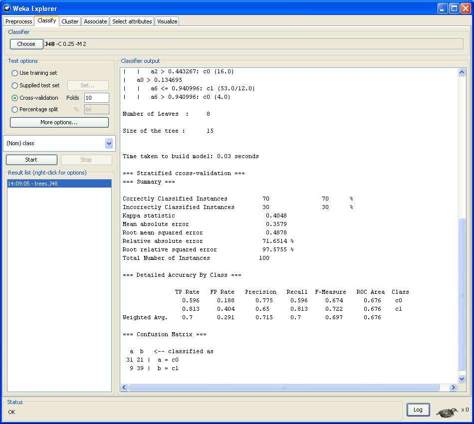 Εικόνα 7 Ταξινόμηση δεδομένων με τον αλγόριθμο J48 Στην ενότητα "classifier output" διακρίνουμε τα αποτελέσματα που αφορούν στην απόδοση του κατηγοριοποιητή που έχουμε επιλέξει.