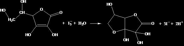 Askorbo rūgštis Dehidroaskorbo rūgštis Molekulinis jodas labai silpnai tirpsta vandenyje (tik 1,3 10 3 M 20 o C temperatūroje), tačiau susijungęs su jodido jonu į kompleksinį junginį tirpsta žymiai