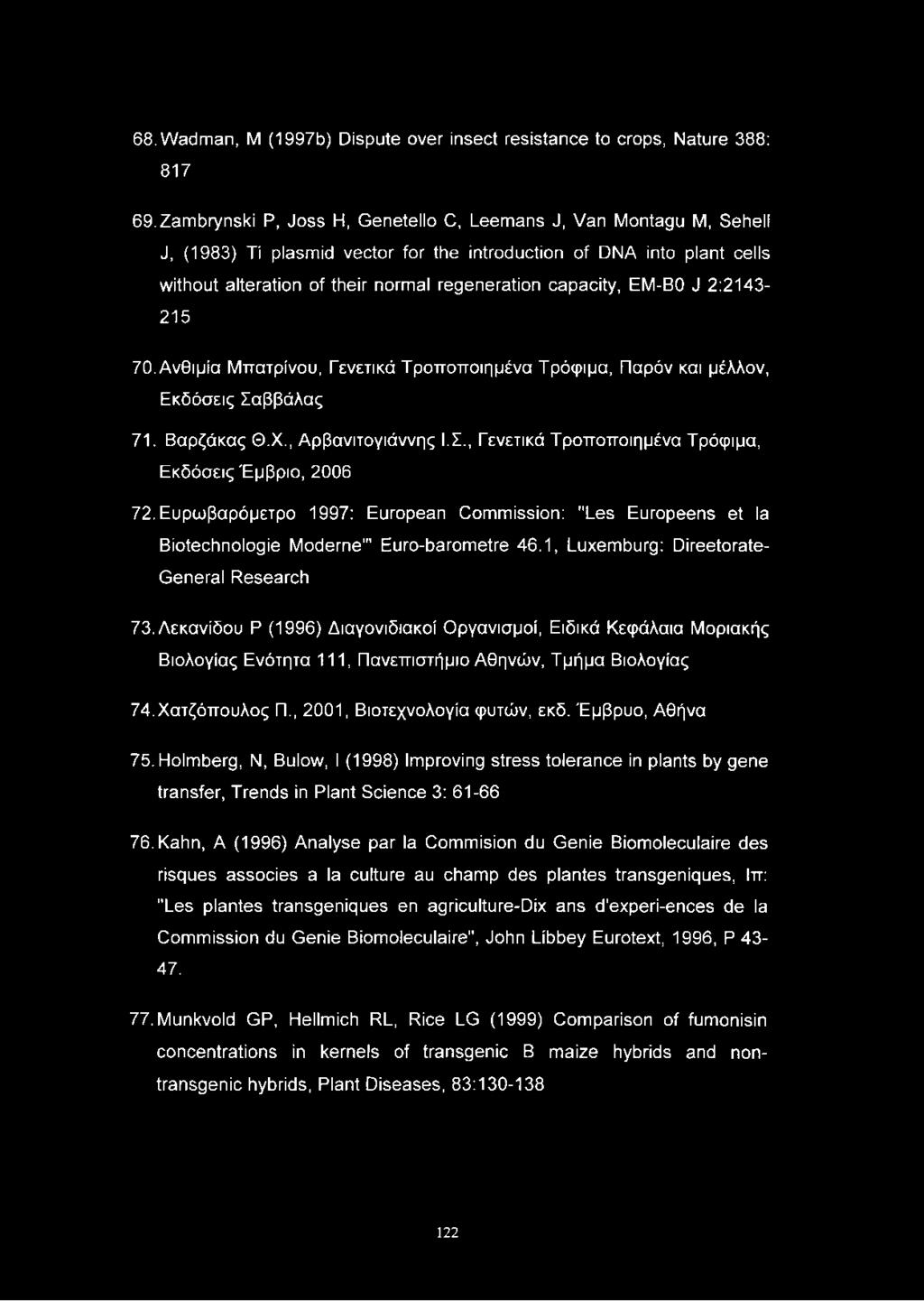 EM-BO J 2:2143-215 70. Ανθιμία Μπατρίνου, Γενετικά Τροποποιημένα Τρόφιμα, Παρόν και μέλλον, Εκδόσεις Σαββάλας 71. Βαρζάκας Θ.Χ., Αρβανιτογιάννης Ι.Σ., Γενετικά Τροποποιημένα Τρόφιμα, Εκδόσεις Έμβριο, 2006 72.