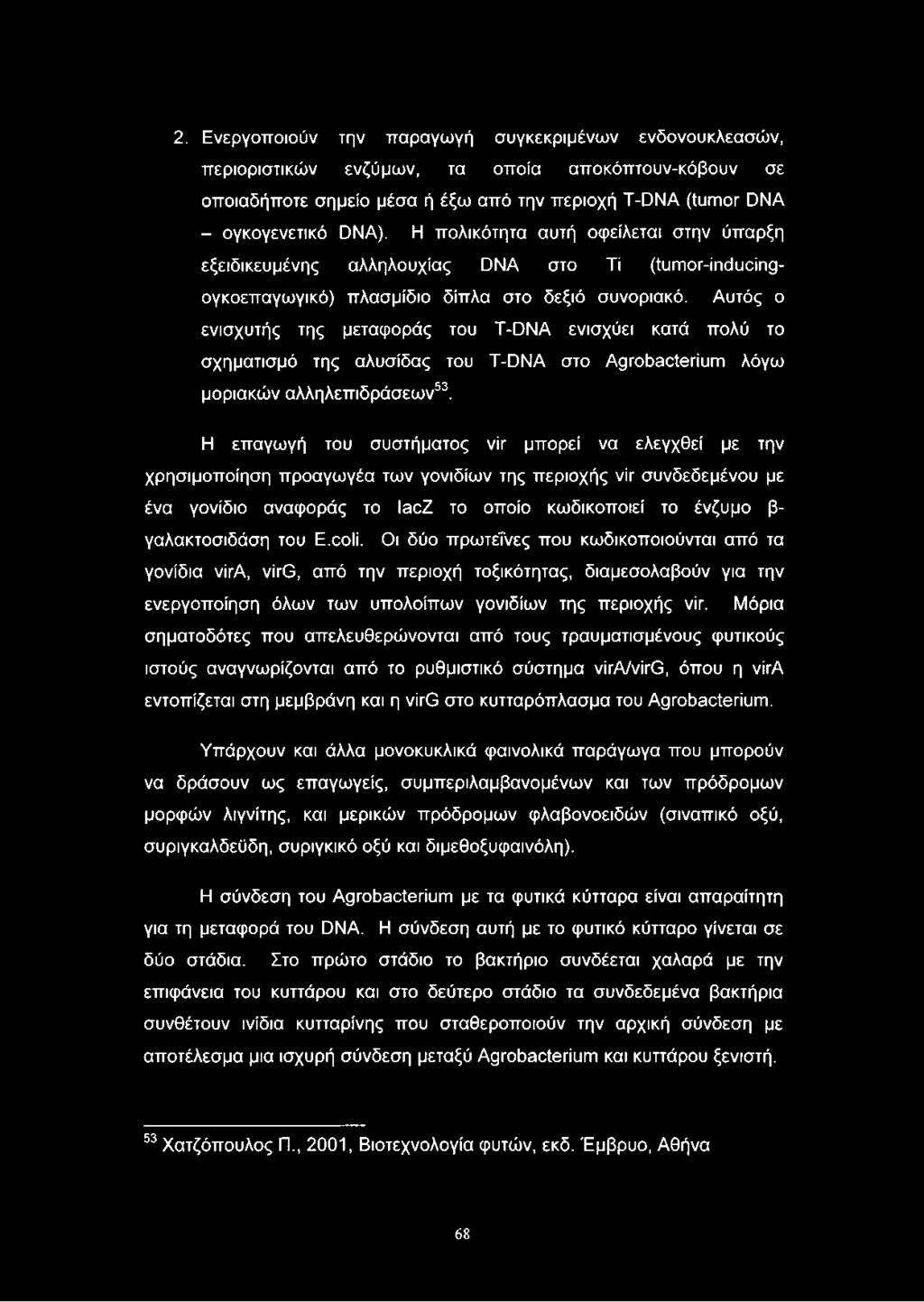 2. Ενεργοποιούν την παραγωγή συγκεκριμένων ενδονουκλεασών, περιοριστικών ενζύμων, τα οποία αποκόπτουν-κόβουν σε οποιαδήποτε σημείο μέσα ή έξω από την περιοχή T-DNA (tumor DNA - ογκογενετικό DNA).