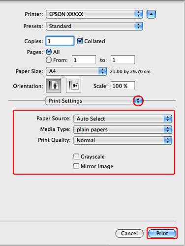 Εκτύπωση E Επιλέξτε το στοιχείο Print Settings (Ρυθμίσεις εκτύπωσης) από το αναδυόμενο μενού. F Πραγματοποιήστε τις ρυθμίσεις που θέλετε να χρησιμοποιήσετε για την εκτύπωση.