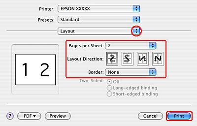 Εκτύπωση C Επιλέξτε από τις ακόλουθες ρυθμίσεις: Pages per Sheet Εκτυπώνει πολλές σελίδες του εγγράφου σε ένα φύλλο χαρτιού. Μπορείτε να επιλέξετε 1, 2, 4, 6, 9, ή 16.