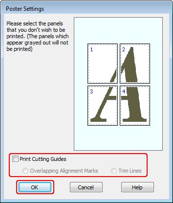 Εκτύπωση C Κάντε κλικ στο στοιχείο Settings (Ρυθμίσεις), για να προσαρμόσετε τον τρόπο εκτύπωσης της αφίσας σας. Ανοίγει το παράθυρο Poster Settings (Ρυθμίσεις αφίσας).