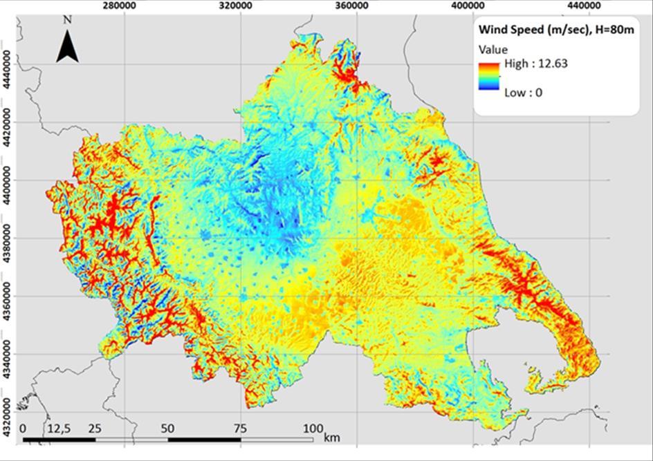 Αιολικό Δυναμικό Το 67% της Περιφέρειας εμφανίζει κάτω από 4 m/s μέση ετήσια ταχύτητα ανέμου στα 80 m υψόμετρο Οι υψηλές τιμές αιολικού δυναμικού εμφανίζονται στις ορεινές περιοχές Η ΡΑΕ παρέχει