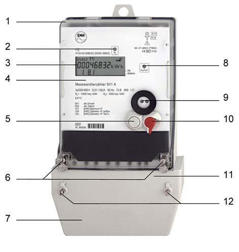 pre diaľkový odpočet Certifikát MID podľa smernice 2004/22/ES a certifikát SMÚ 21 W ROZMERY W SCHÉMA ZAPOJENIA WPOPIS HLAVNÝCH ČASTÍ ELEKTROMERA 1 - Kryt elektromera 2 - Skúšobná