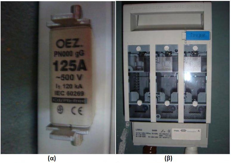 Σχήμα 3.16: α) η ασφάλεια και β) ο DC ασφαλειοαποζεύκτης.